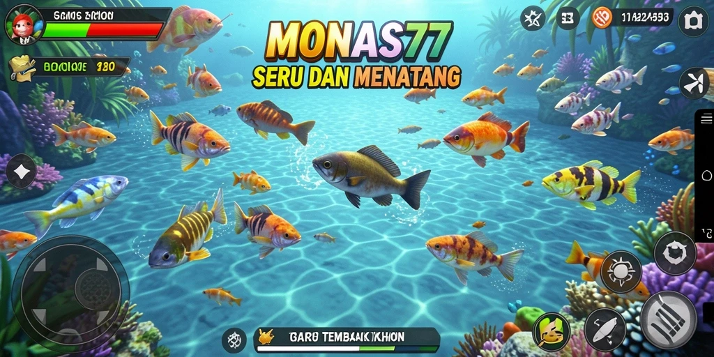 Tampilan gameplay seru dalam MONAS77 saat menangkap ikan.