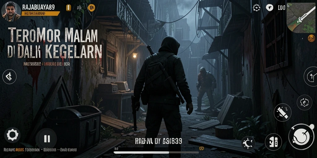 Screenshot gameplay RAJABUAYA89 yang menampilkan suasana horor yang mencekam.