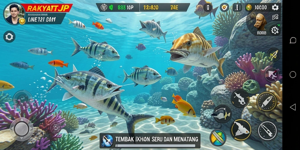 Tangkapan layar gameplay RAKYATJP menampilkan aksi menembak ikan yang seru.